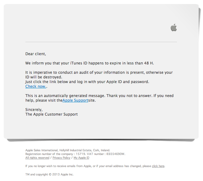 We inform you that your iTunes ID happens to expire in less than 48 H