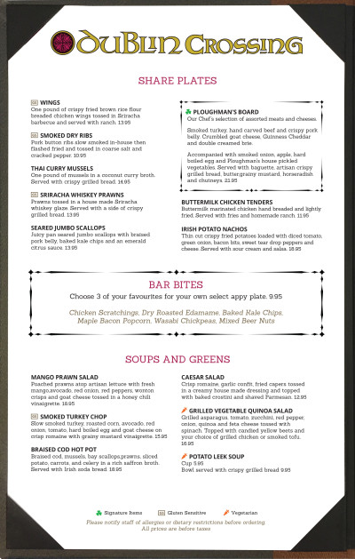 Dublin Crossing Irish Pub Menu - Single