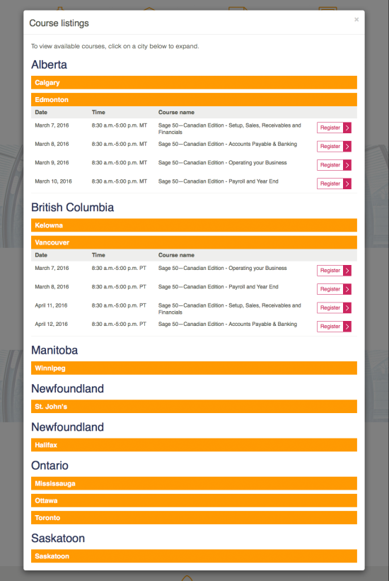 Sage 50 Canada Training Landing Page - Course Modal Open
